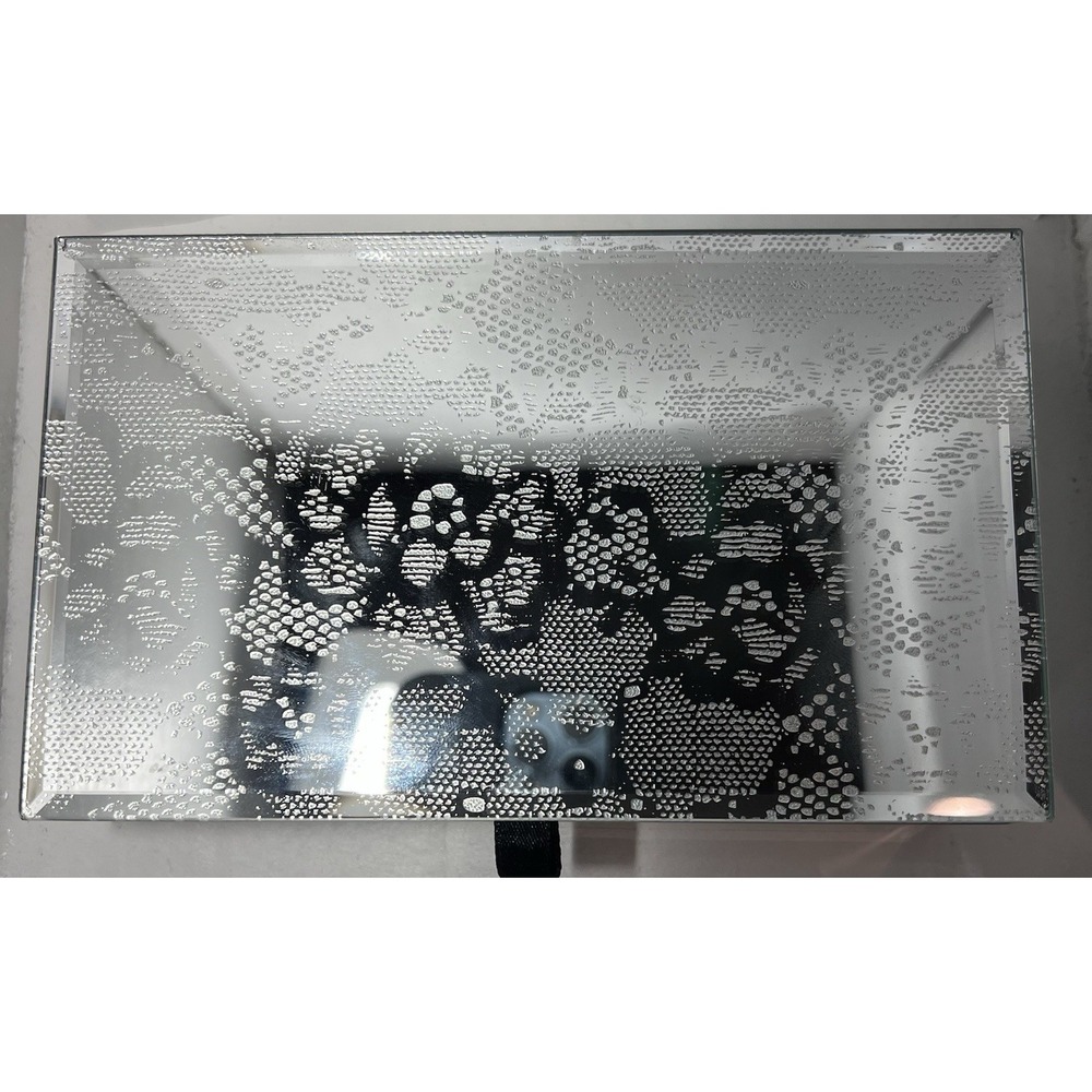 Tahari Home Etched Beveled Mirror Glass Velvet Lined Jewelry Box Flowers